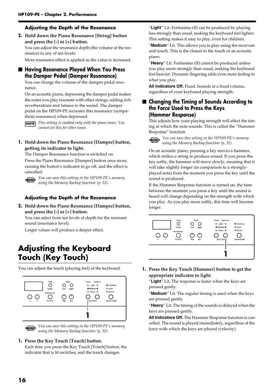 Adjusting the keyboard touch (key touch) | Roland HP109-PE User Manual | Page 18 / 250