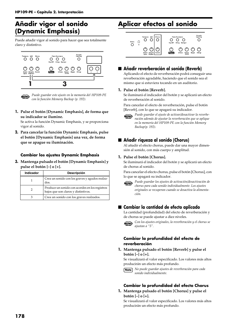 Añadir vigor al sonido (dynamic emphasis), Aplicar efectos al sonido, Añadir reverberación al sonido (reverb) | Añadir riqueza al sonido (chorus), Cambiar la cantidad de efecto aplicado | Roland HP109-PE User Manual | Page 180 / 250