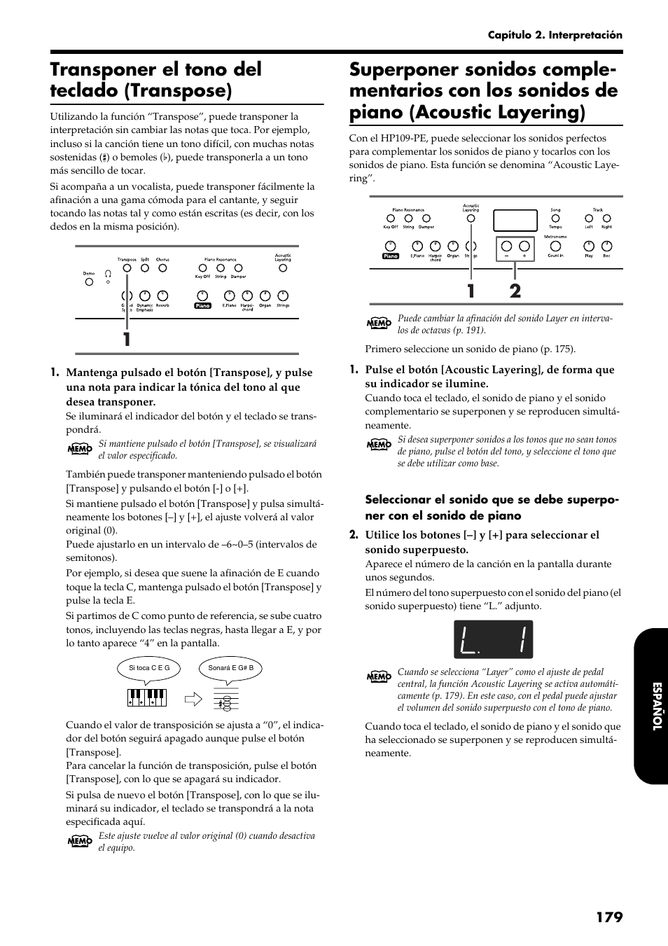 Transponer el tono del teclado (transpose) | Roland HP109-PE User Manual | Page 181 / 250