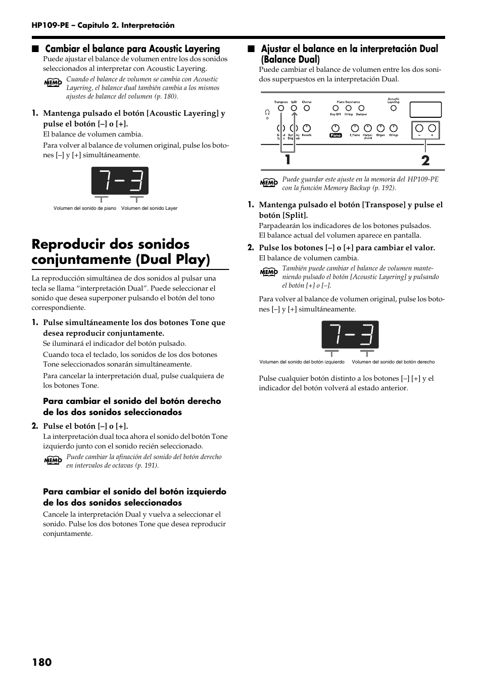 Reproducir dos sonidos conjuntamente (dual play), 180 ■ cambiar el balance para acoustic layering | Roland HP109-PE User Manual | Page 182 / 250