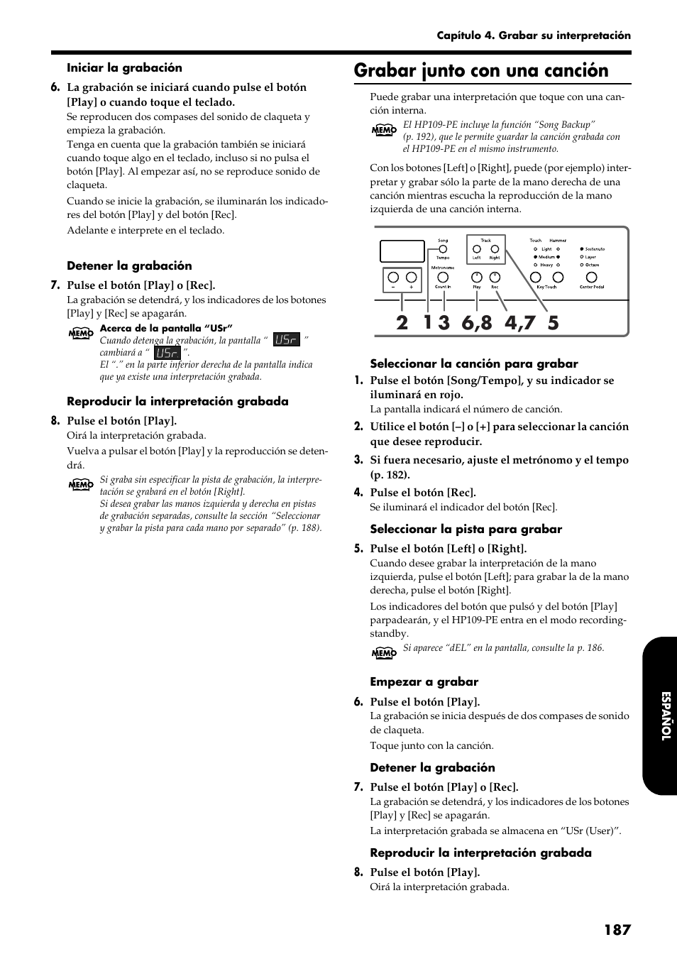 Grabar junto con una canción | Roland HP109-PE User Manual | Page 189 / 250