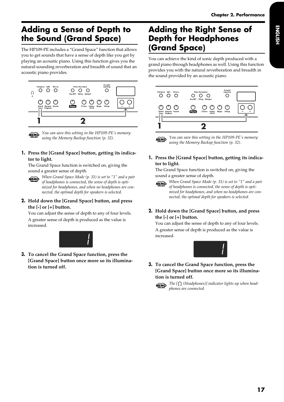 Adding a sense of depth to the sound (grand space) | Roland HP109-PE User Manual | Page 19 / 250