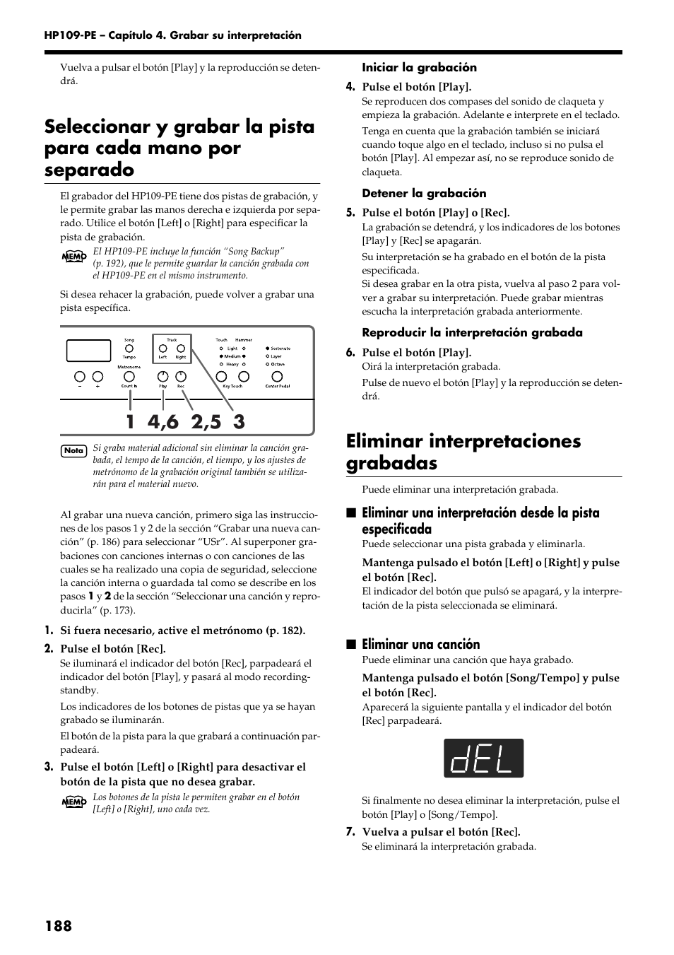 Eliminar interpretaciones grabadas | Roland HP109-PE User Manual | Page 190 / 250