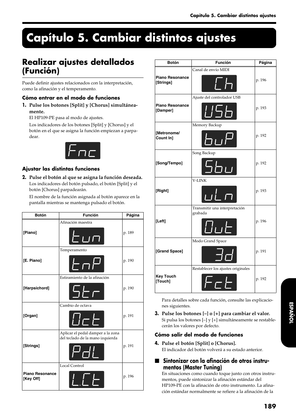 Capítulo 5. cambiar distintos ajustes, Realizar ajustes detallados (función) | Roland HP109-PE User Manual | Page 191 / 250