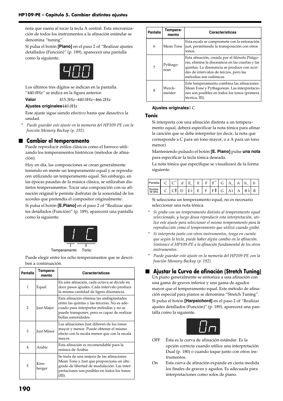 Cambiar el temperamento, Ajustar la curva de afinación (stretch tuning) | Roland HP109-PE User Manual | Page 192 / 250