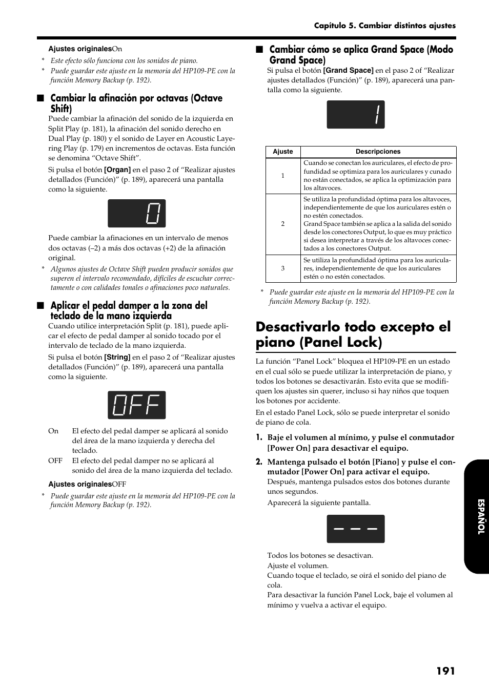 Desactivarlo todo excepto el piano (panel lock), Cambiar la afinación por octavas (octave shift) | Roland HP109-PE User Manual | Page 193 / 250