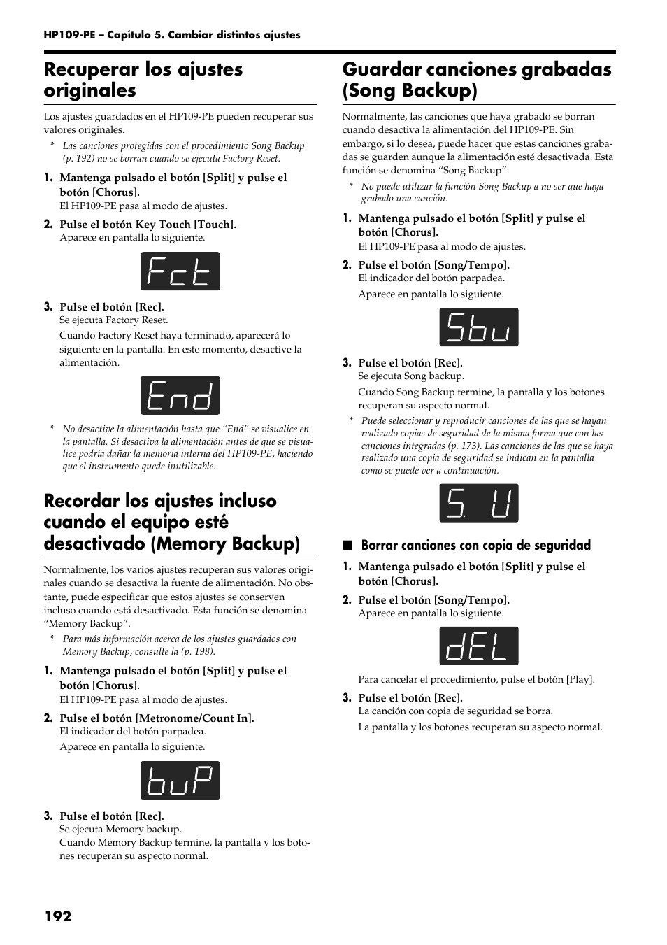 Recuperar los ajustes originales, Guardar canciones grabadas (song backup), Borrar canciones con copia de seguridad | Roland HP109-PE User Manual | Page 194 / 250