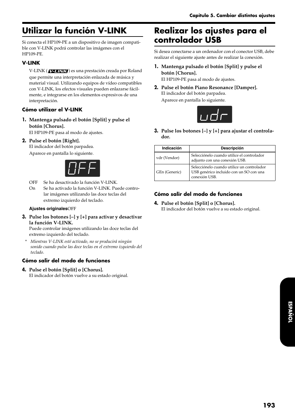 Utilizar la función v-link, Realizar los ajustes para el controlador usb | Roland HP109-PE User Manual | Page 195 / 250