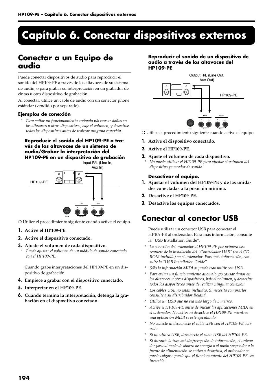 Capítulo 6. conectar dispositivos externos, Conectar a un equipo de audio, Conectar al conector usb | Roland HP109-PE User Manual | Page 196 / 250
