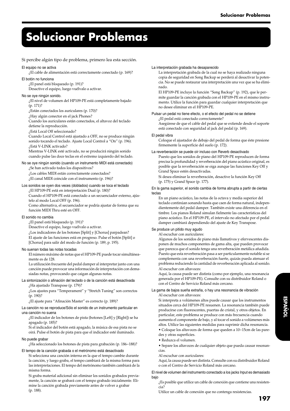 Solucionar problemas | Roland HP109-PE User Manual | Page 199 / 250