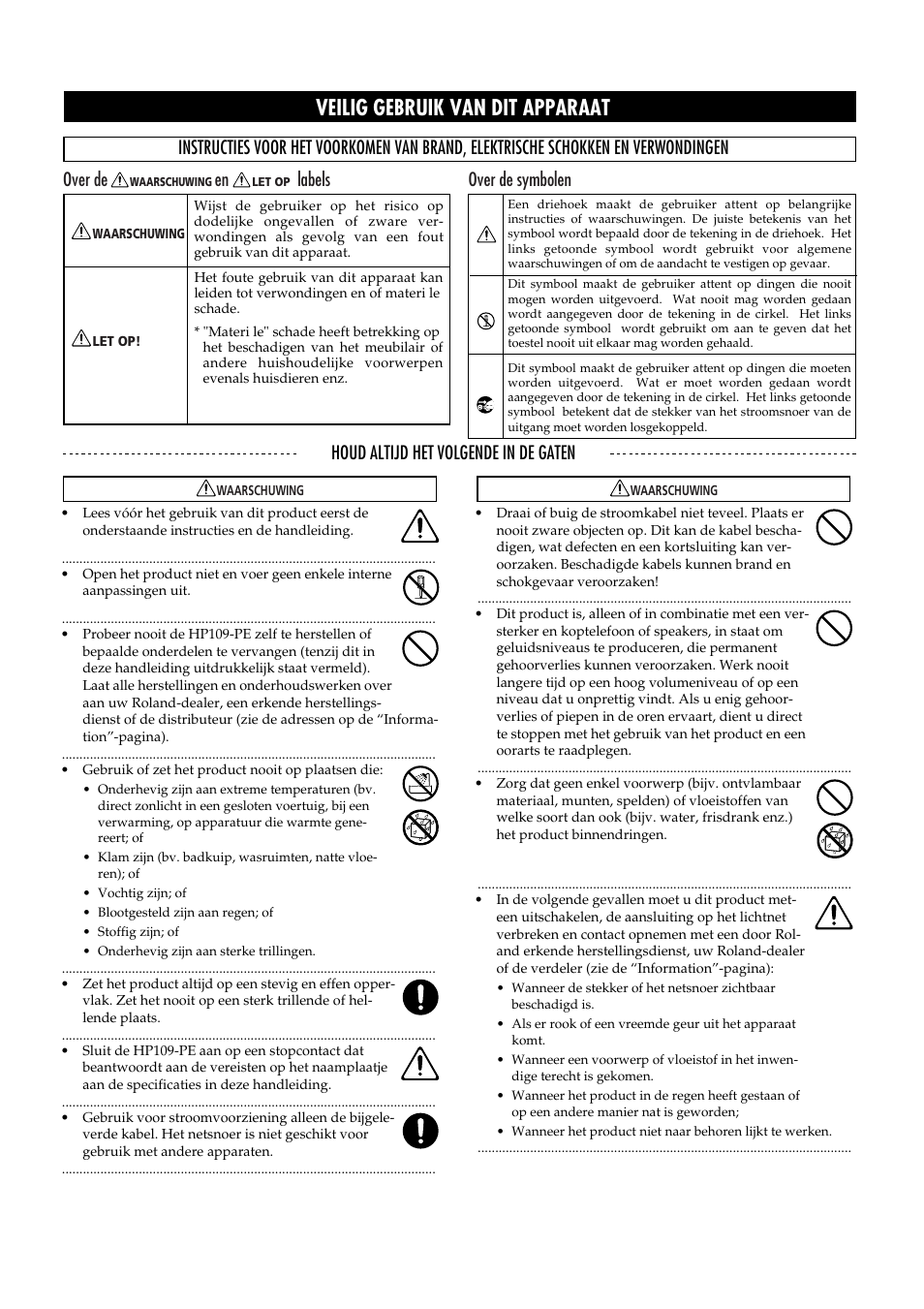 Veilig gebruik van dit apparaat | Roland HP109-PE User Manual | Page 204 / 250