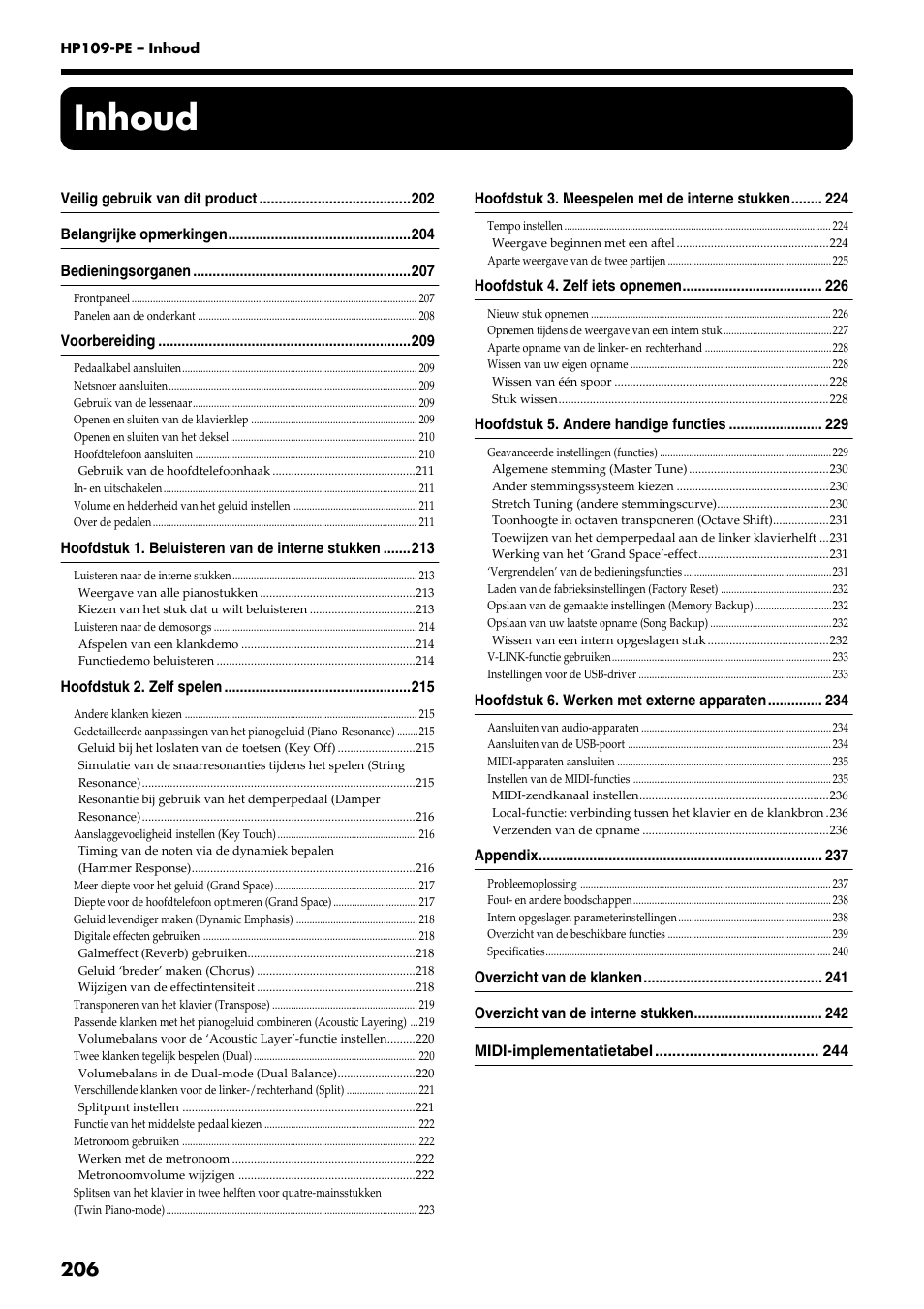 Inhoud | Roland HP109-PE User Manual | Page 208 / 250