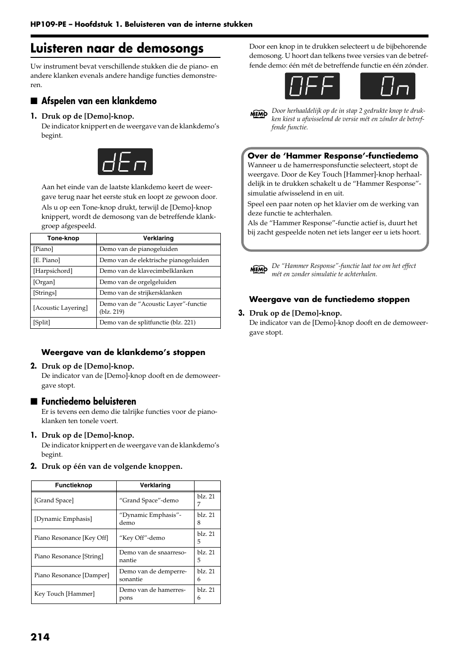 Luisteren naar de demosongs, Afspelen van een klankdemo, Functiedemo beluisteren | Roland HP109-PE User Manual | Page 216 / 250