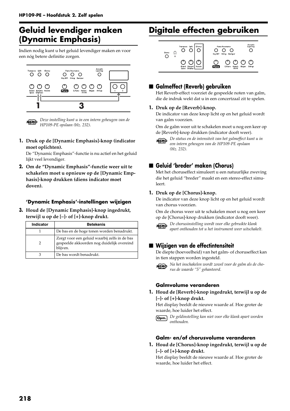 Geluid levendiger maken (dynamic emphasis), Digitale effecten gebruiken, Galmeffect (reverb) gebruiken | Geluid ‘breder’ maken (chorus), Wijzigen van de effectintensiteit | Roland HP109-PE User Manual | Page 220 / 250