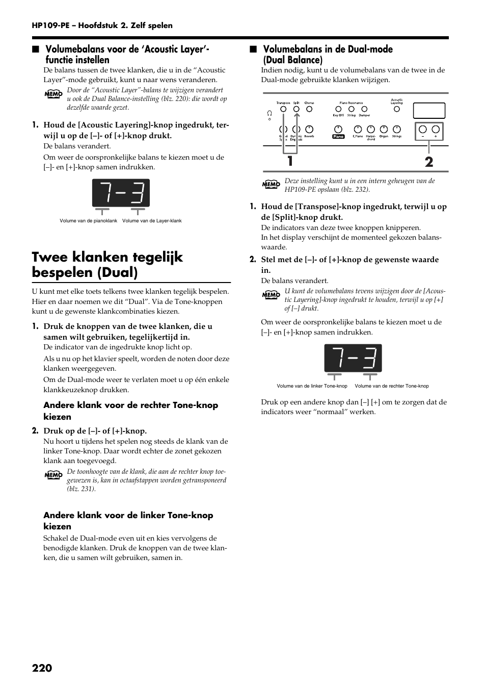 Twee klanken tegelijk bespelen (dual), Volumebalans in de dual-mode (dual balance) | Roland HP109-PE User Manual | Page 222 / 250