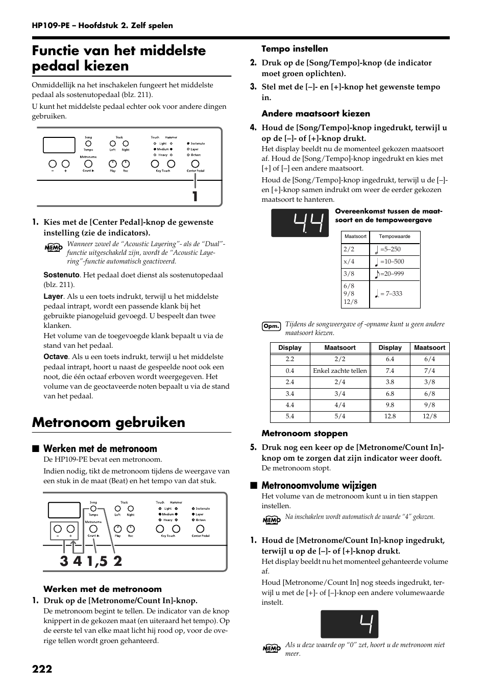 Functie van het middelste pedaal kiezen, Metronoom gebruiken, Werken met de metronoom | Metronoomvolume wijzigen | Roland HP109-PE User Manual | Page 224 / 250