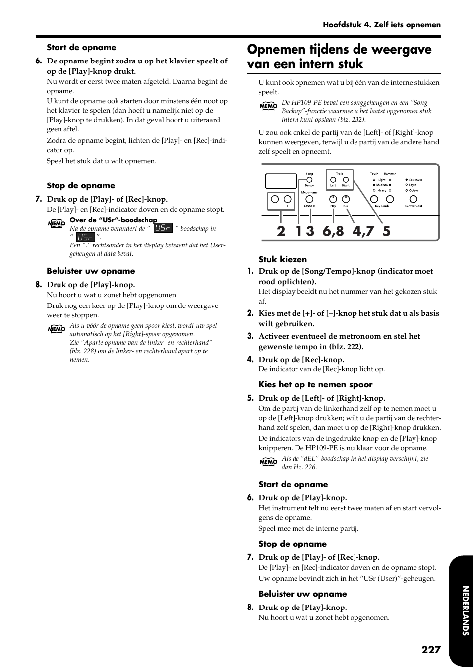 Opnemen tijdens de weergave van een intern stuk | Roland HP109-PE User Manual | Page 229 / 250