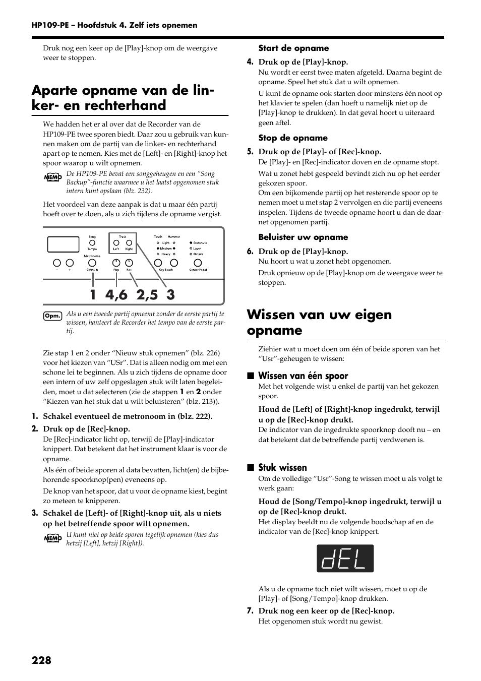 Aparte opname van de lin- ker- en rechterhand, Wissen van uw eigen opname | Roland HP109-PE User Manual | Page 230 / 250