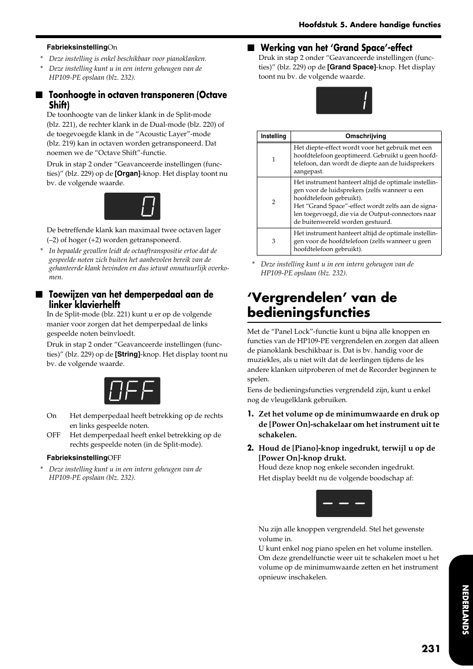 Vergrendelen’ van de bedieningsfuncties, Toonhoogte in octaven transponeren (octave shift), Werking van het ‘grand space’-effect | Roland HP109-PE User Manual | Page 233 / 250