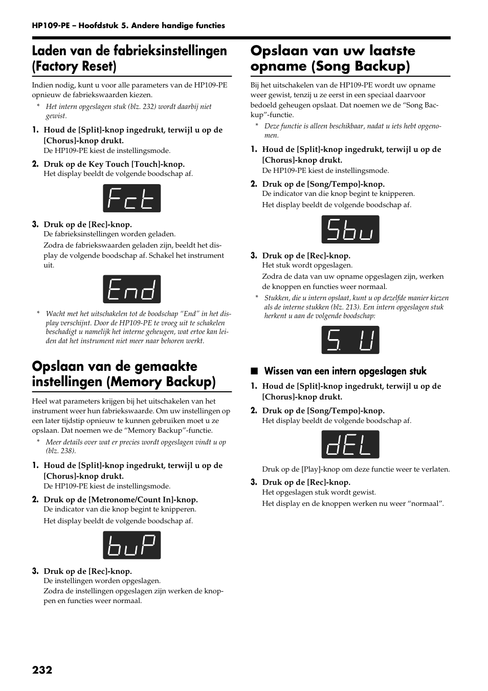 Laden van de fabrieksinstellingen (factory reset), Opslaan van uw laatste opname (song backup), Wissen van een intern opgeslagen stuk | Roland HP109-PE User Manual | Page 234 / 250