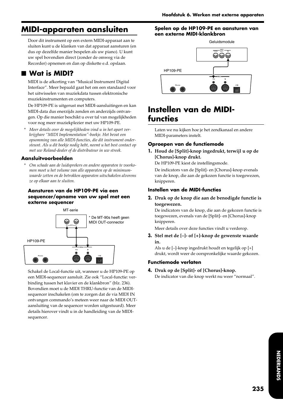 Midi-apparaten aansluiten, Instellen van de midi- functies, Wat is midi | Roland HP109-PE User Manual | Page 237 / 250