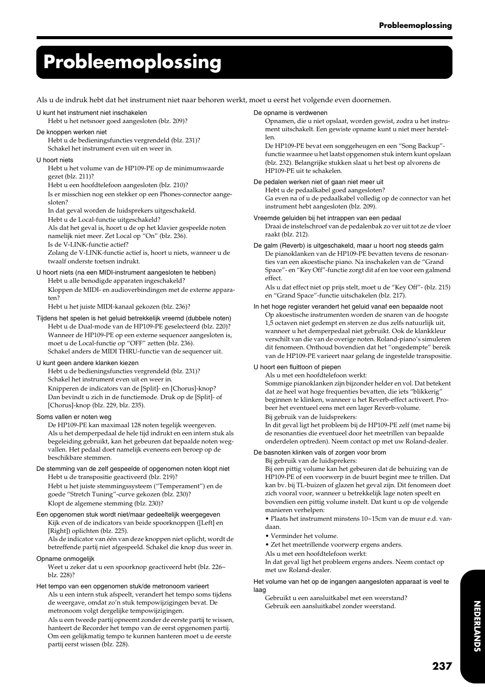 Probleemoplossing | Roland HP109-PE User Manual | Page 239 / 250