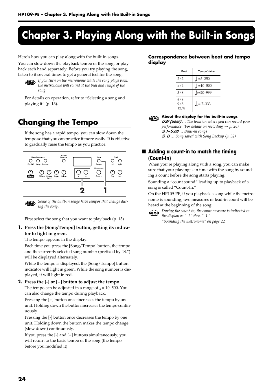 Chapter 3. playing along with the built-in songs, Changing the tempo, Adding a count-in to match the timing (count-in) | Roland HP109-PE User Manual | Page 26 / 250