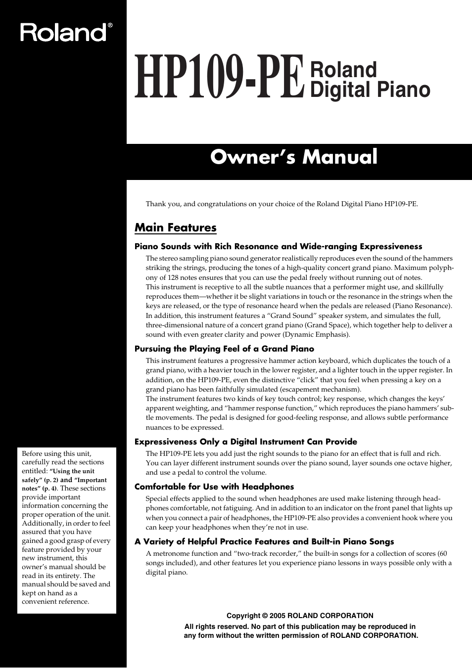Hp109-pe, Roland digital piano, Owner’s manual | Roland HP109-PE User Manual | Page 3 / 250