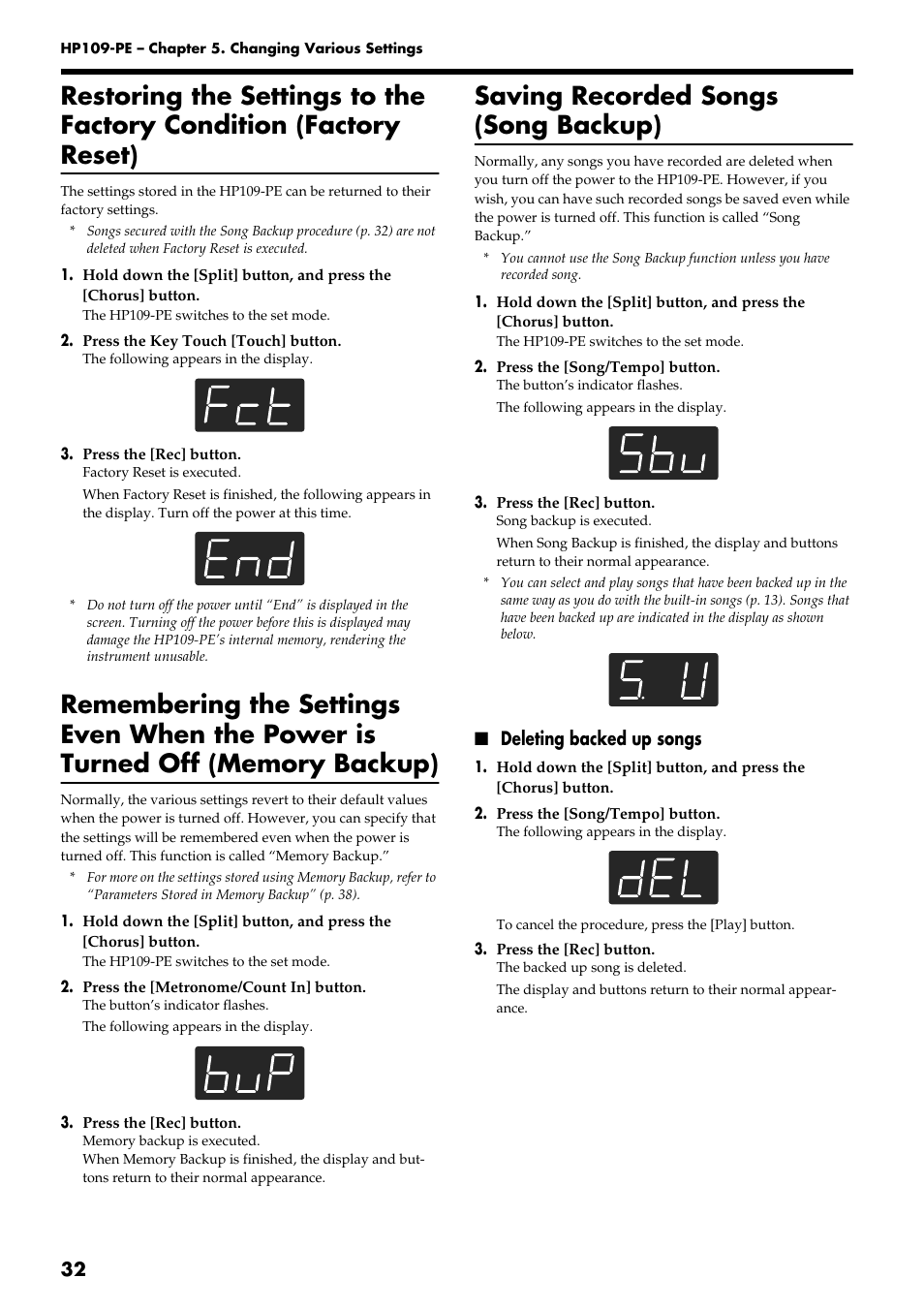 Saving recorded songs (song backup), Deleting backed up songs | Roland HP109-PE User Manual | Page 34 / 250