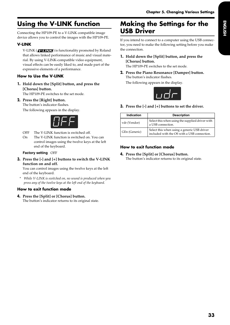 Using the v-link function, Making the settings for the usb driver | Roland HP109-PE User Manual | Page 35 / 250