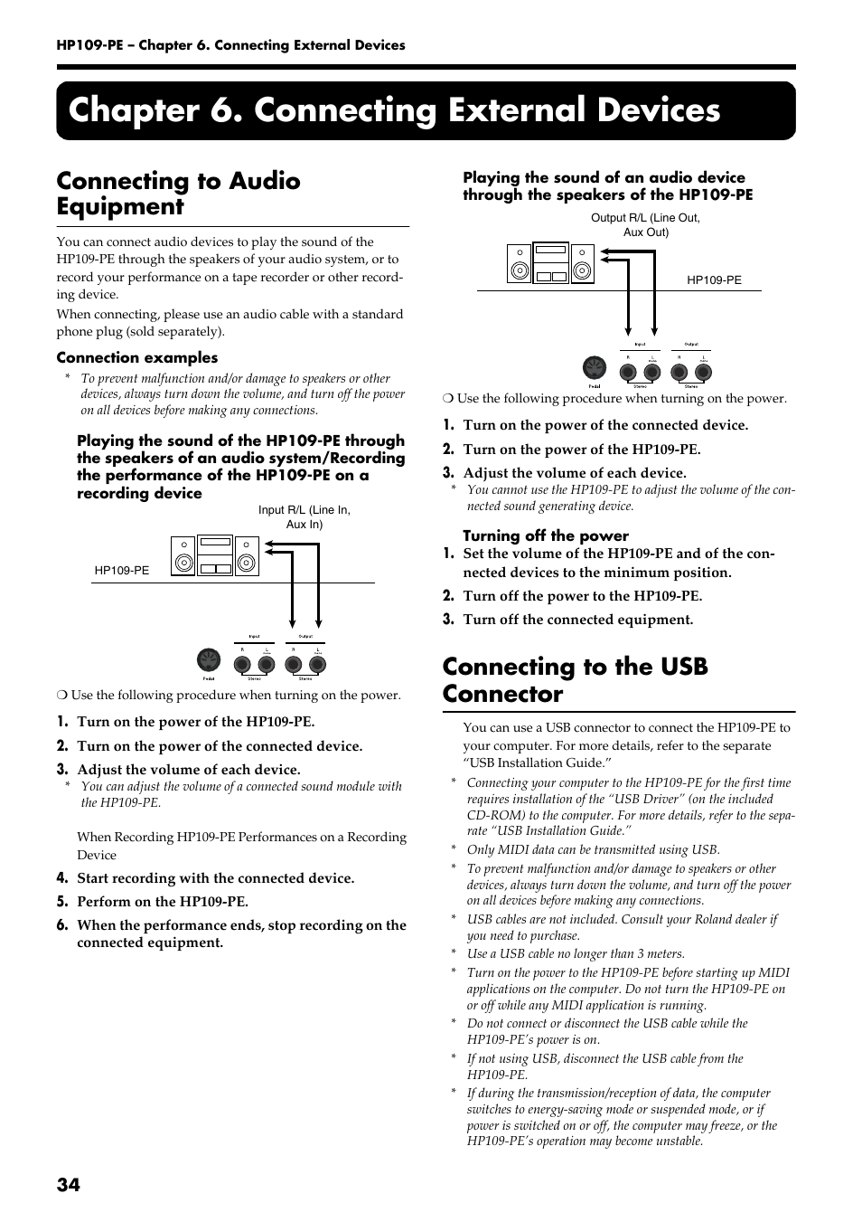Chapter 6. connecting external devices, Connecting to audio equipment, Connecting to the usb connector | Roland HP109-PE User Manual | Page 36 / 250