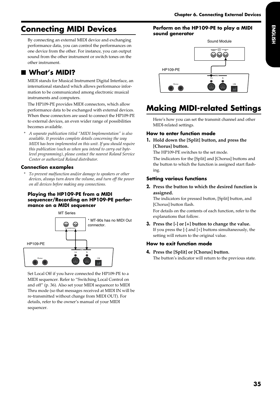 Connecting midi devices, Making midi-related settings, What’s midi | Roland HP109-PE User Manual | Page 37 / 250