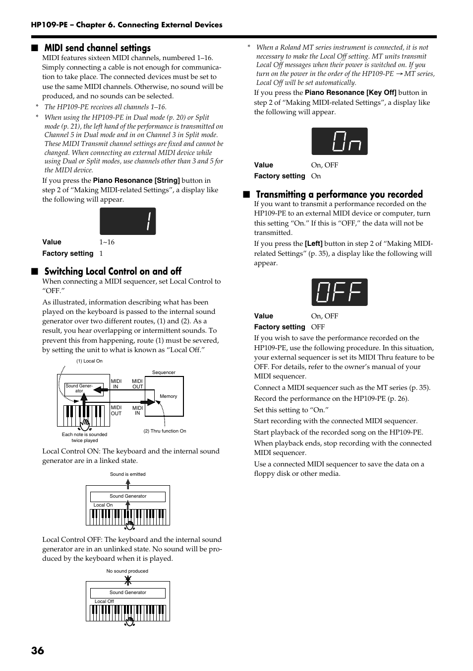 36 ■ midi send channel settings, Switching local control on and off, Transmitting a performance you recorded | Roland HP109-PE User Manual | Page 38 / 250