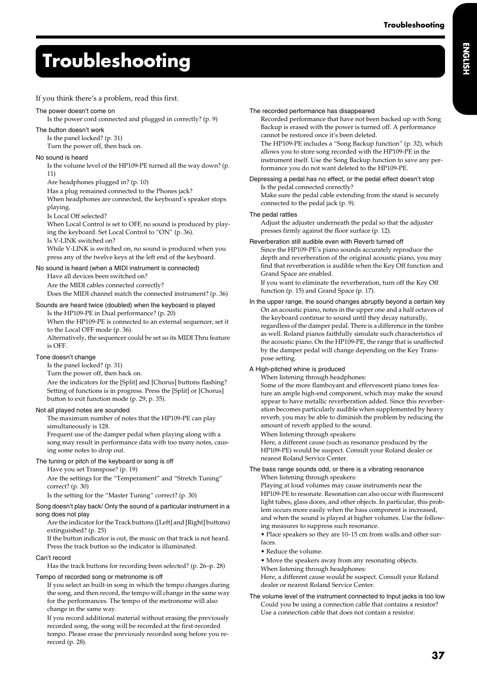 Troubleshooting | Roland HP109-PE User Manual | Page 39 / 250
