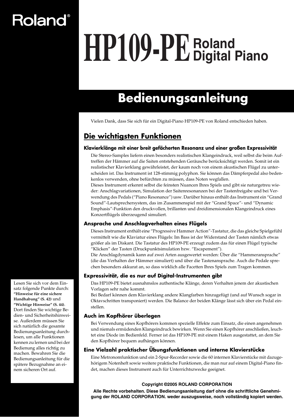 Hp109-pe, Roland digital piano, Bedienungsanleitung | Roland HP109-PE User Manual | Page 43 / 250
