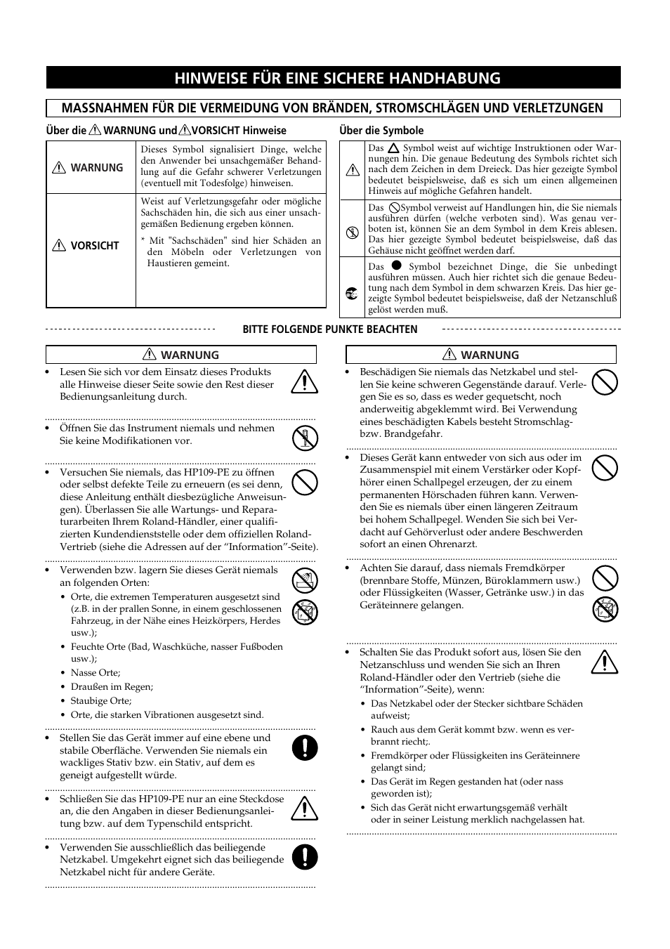 Hinweise für eine sichere handhabung | Roland HP109-PE User Manual | Page 44 / 250