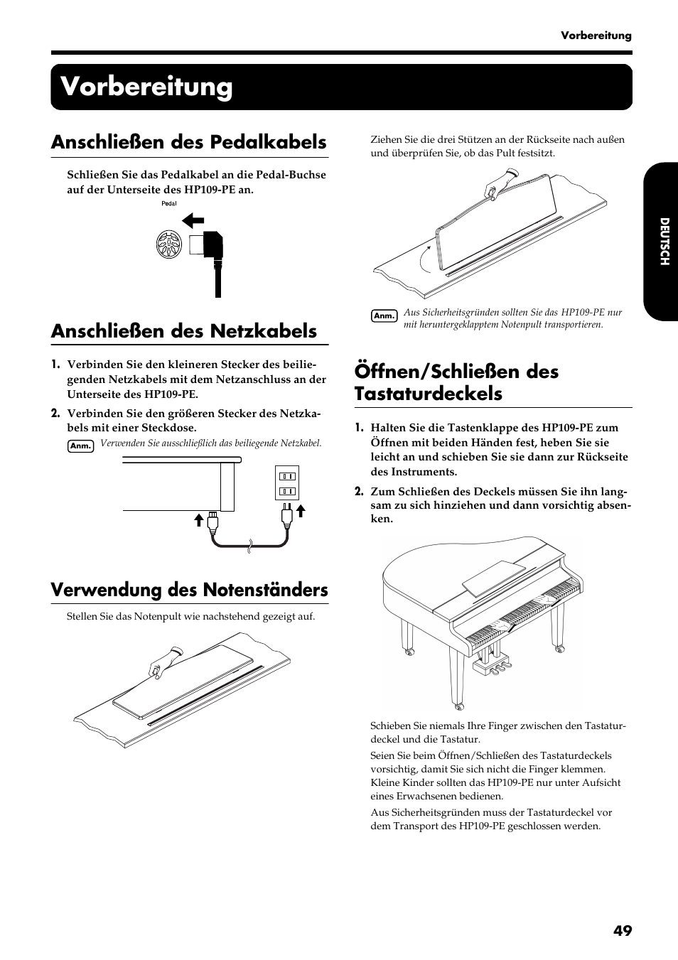 Vorbereitung, Anschließen des pedalkabels, Anschließen des netzkabels | Öffnen/schließen des tastaturdeckels | Roland HP109-PE User Manual | Page 51 / 250
