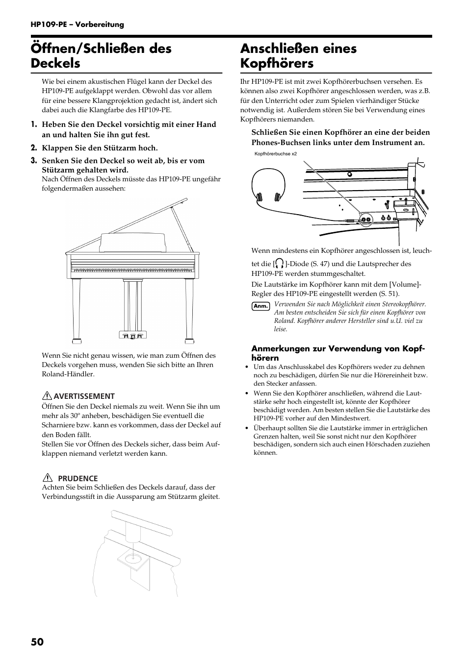 Öffnen/schließen des deckels, Anschließen eines kopfhörers | Roland HP109-PE User Manual | Page 52 / 250