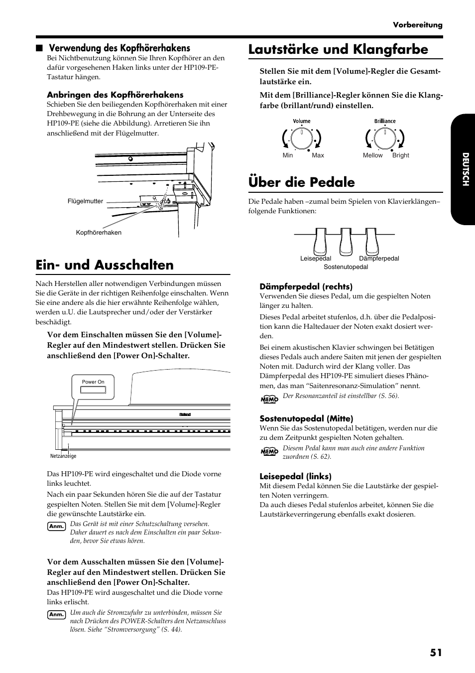 Ein- und ausschalten, Lautstärke und klangfarbe, Über die pedale | Verwendung des kopfhörerhakens | Roland HP109-PE User Manual | Page 53 / 250