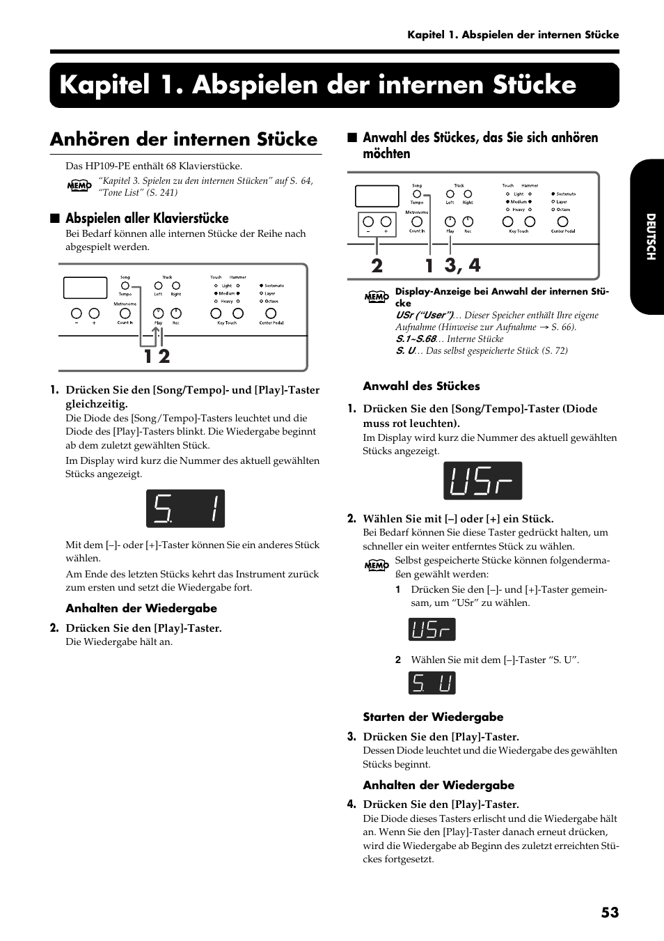 Kapitel 1. abspielen der internen stücke, Anhören der internen stücke | Roland HP109-PE User Manual | Page 55 / 250