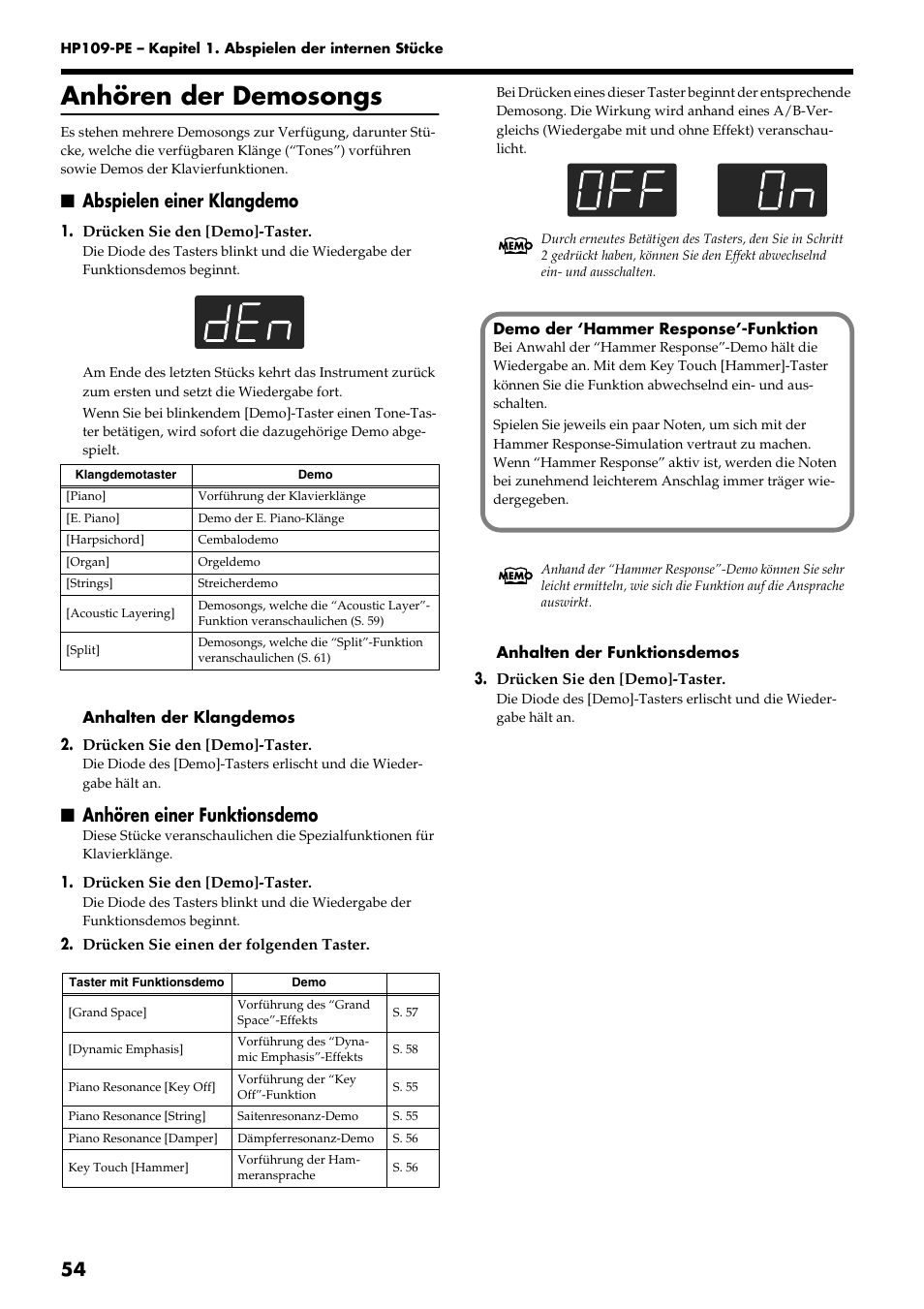 Anhören der demosongs, Abspielen einer klangdemo, Anhören einer funktionsdemo | Roland HP109-PE User Manual | Page 56 / 250