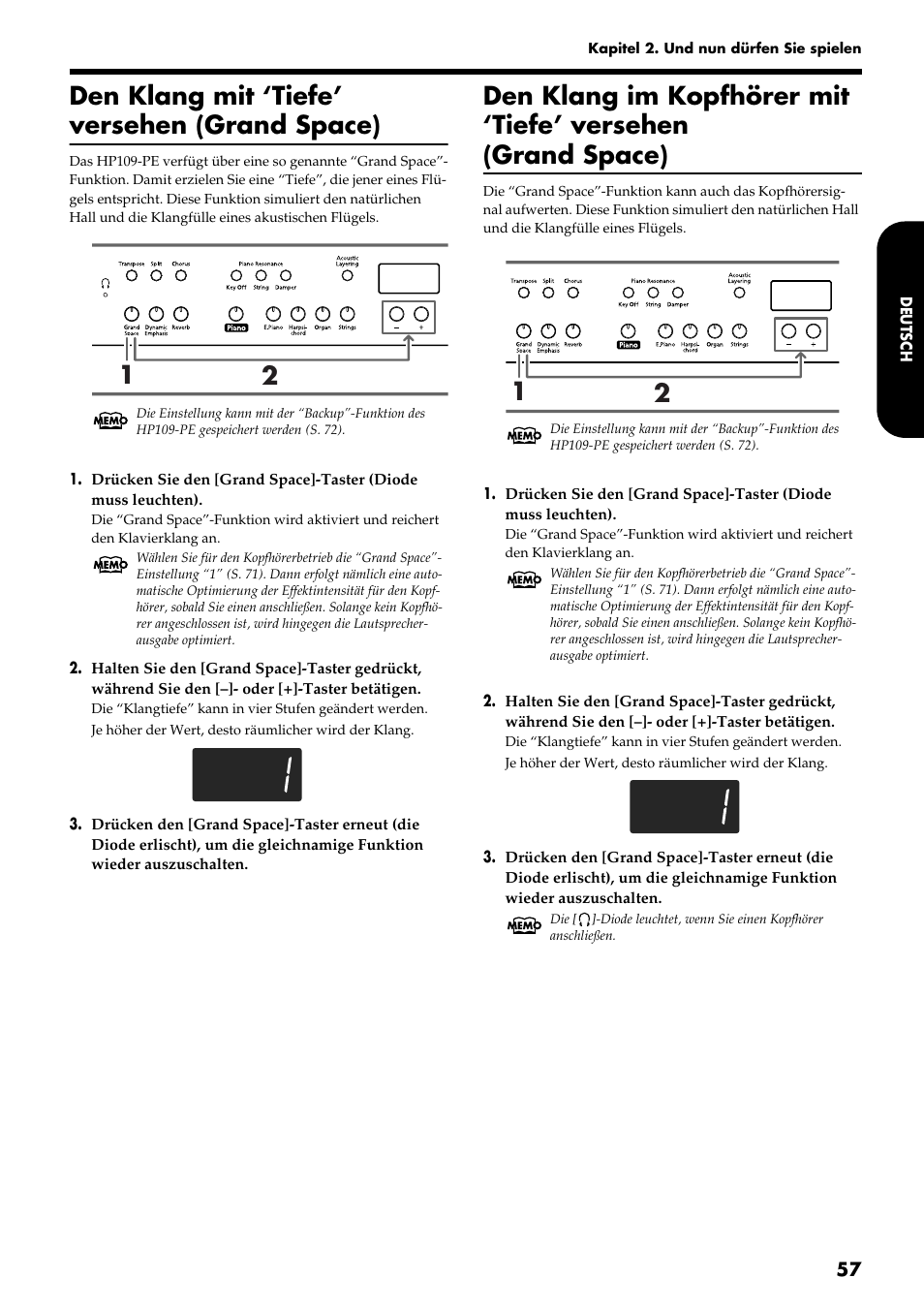 Den klang mit ‘tiefe’ versehen (grand space) | Roland HP109-PE User Manual | Page 59 / 250