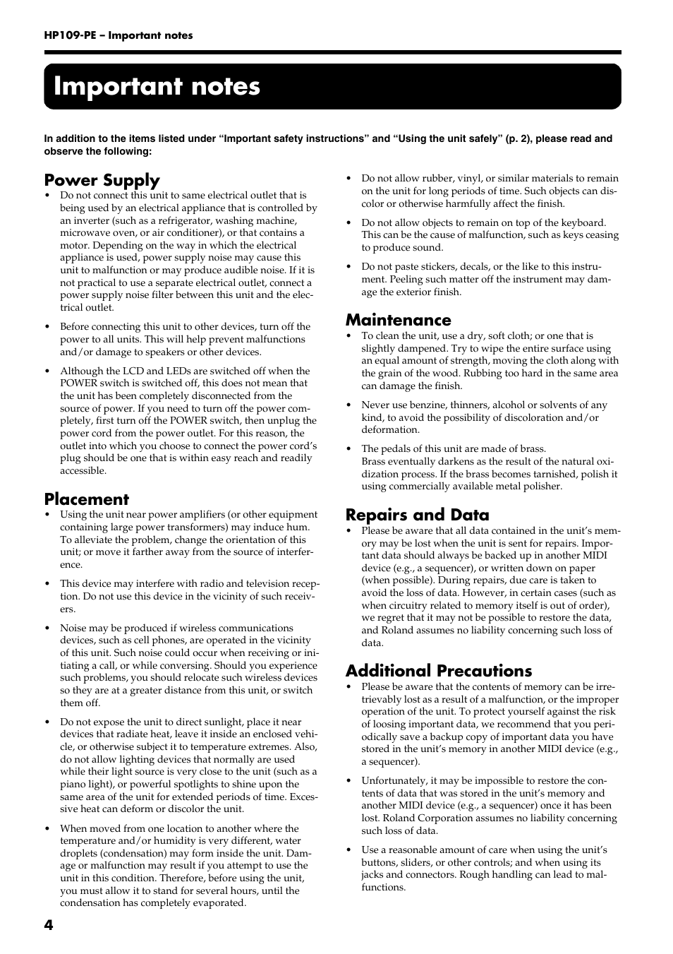 Power supply, Placement, Maintenance | Repairs and data, Additional precautions | Roland HP109-PE User Manual | Page 6 / 250