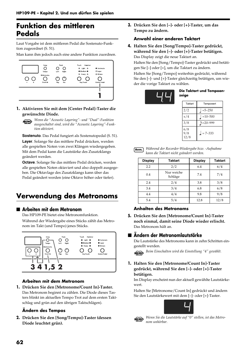 Funktion des mittleren pedals, Verwendung des metronoms, Arbeiten mit dem metronom | Ändern der metronomlautstärke | Roland HP109-PE User Manual | Page 64 / 250