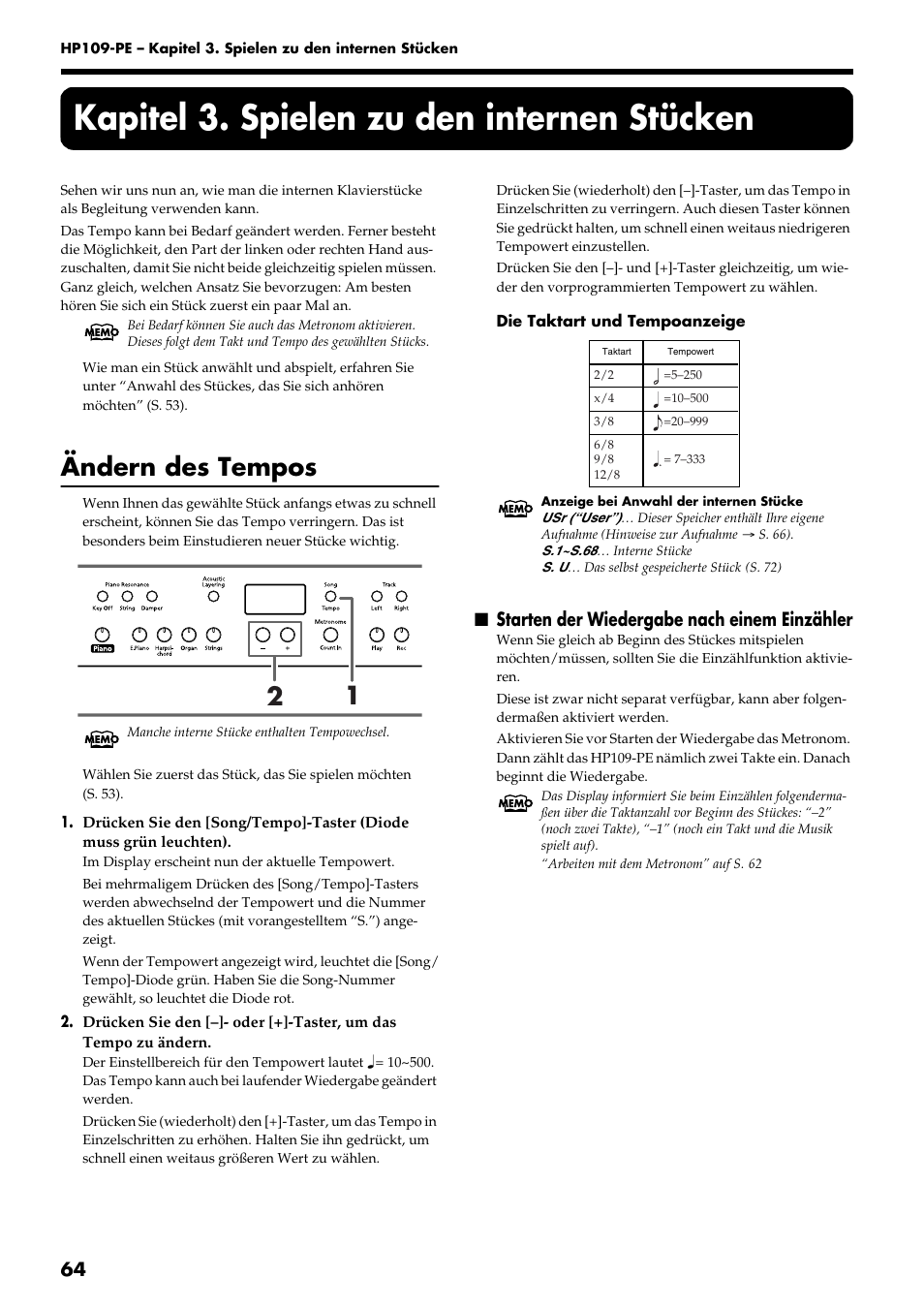 Kapitel 3. spielen zu den internen stücken, Ändern des tempos, Starten der wiedergabe nach einem einzähler | Roland HP109-PE User Manual | Page 66 / 250