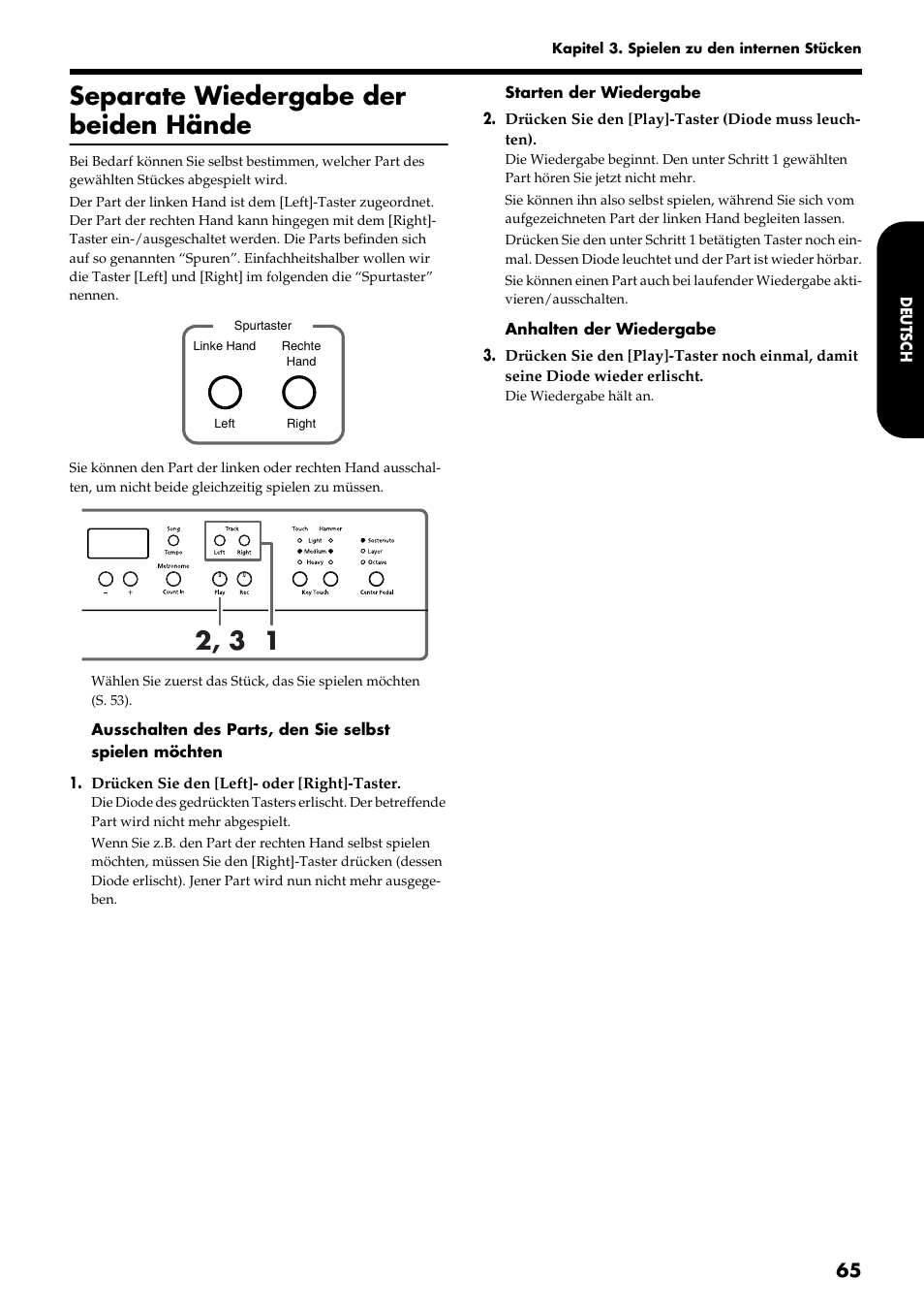 Separate wiedergabe der beiden hände | Roland HP109-PE User Manual | Page 67 / 250