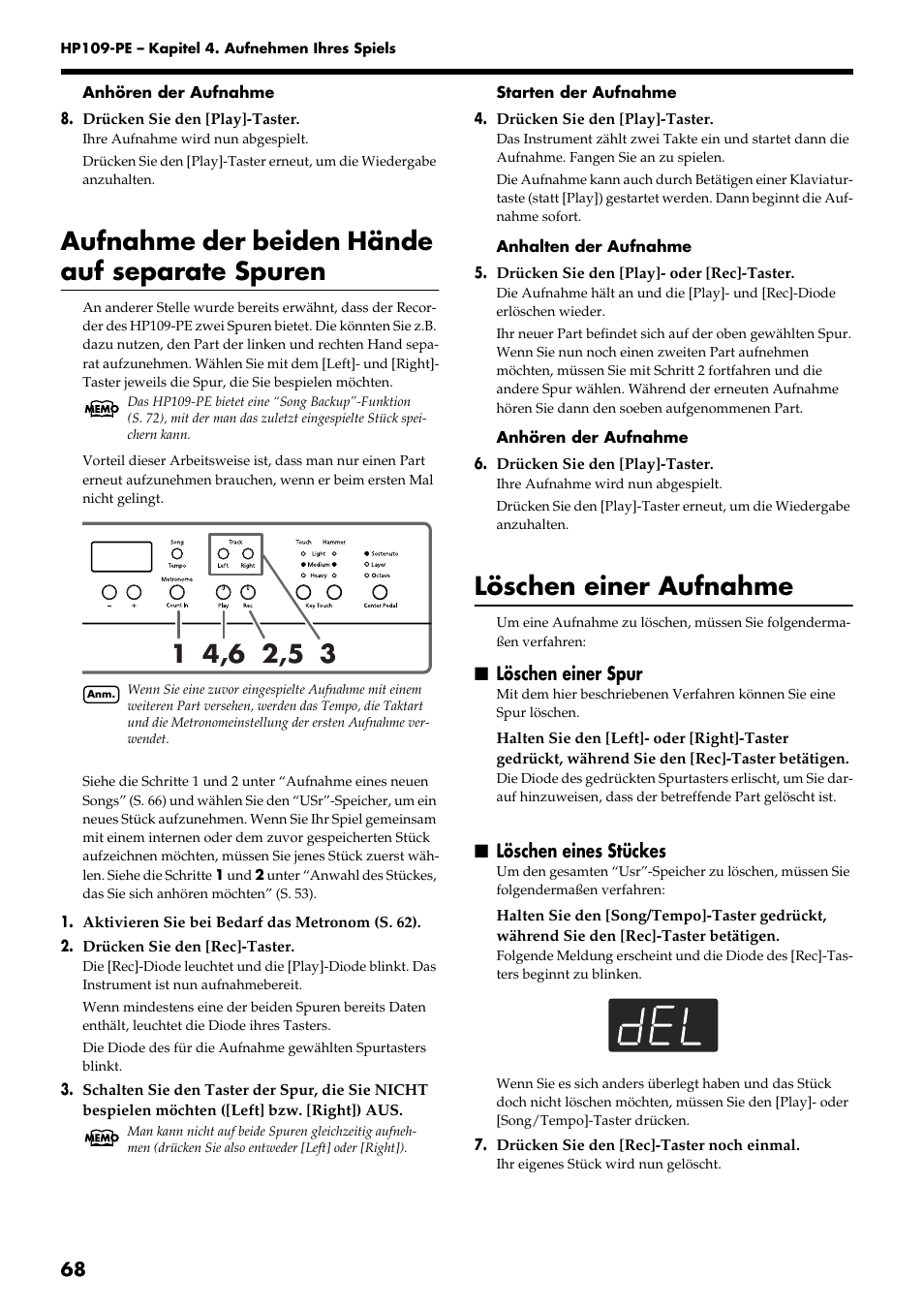 Aufnahme der beiden hände auf separate spuren, Löschen einer aufnahme | Roland HP109-PE User Manual | Page 70 / 250