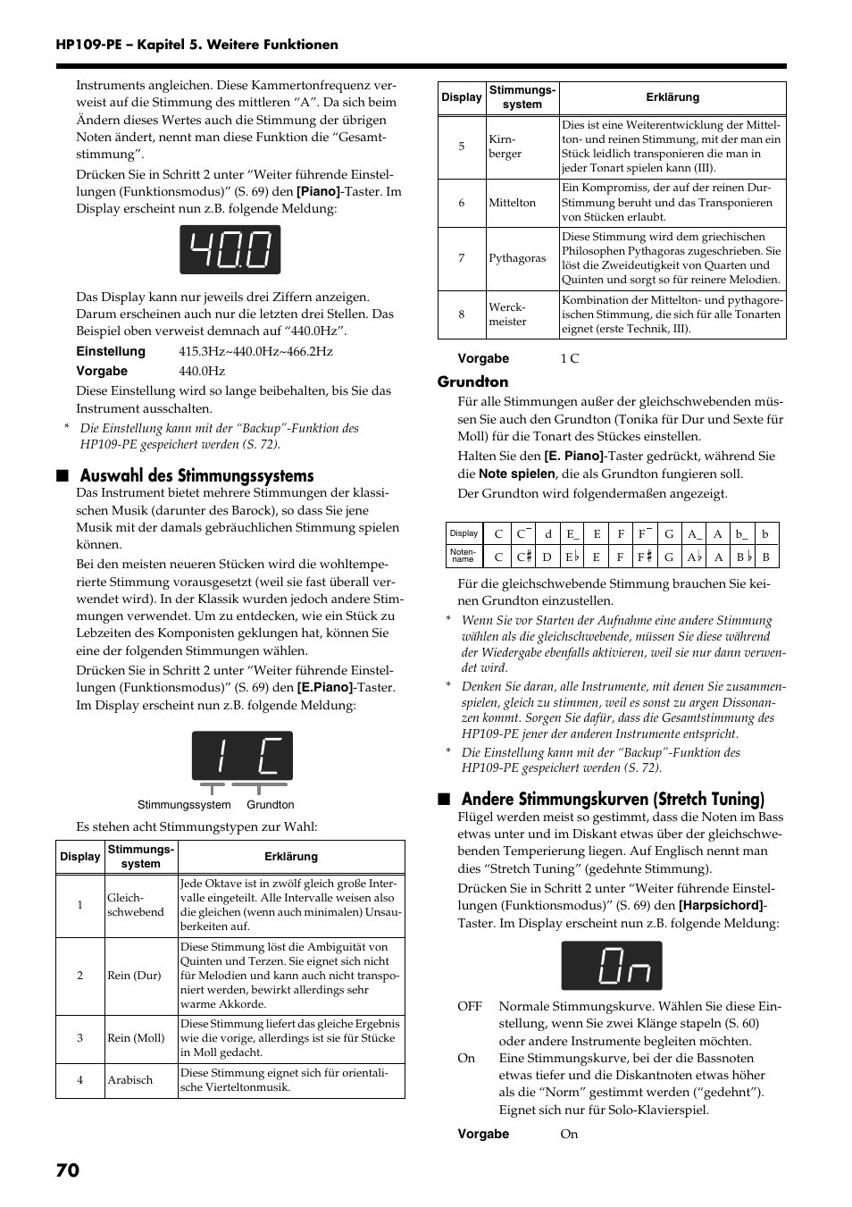 Auswahl des stimmungssystems, Andere stimmungskurven (stretch tuning) | Roland HP109-PE User Manual | Page 72 / 250