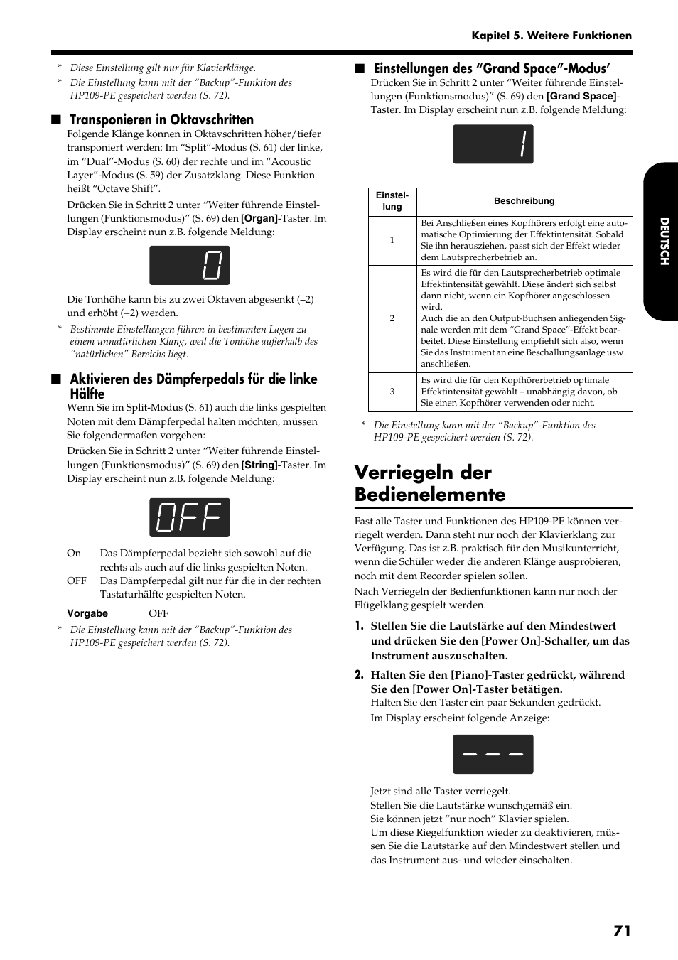 Verriegeln der bedienelemente, Transponieren in oktavschritten, Aktivieren des dämpferpedals für die linke hälfte | Einstellungen des “grand space”-modus | Roland HP109-PE User Manual | Page 73 / 250