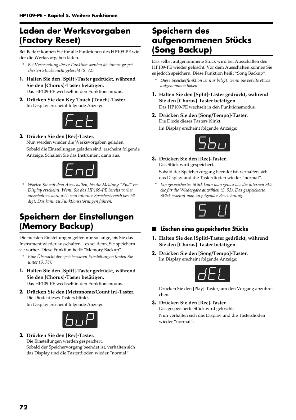 Laden der werksvorgaben (factory reset), Speichern des aufgenommenen stücks (song backup), Löschen eines gespeicherten stücks | Roland HP109-PE User Manual | Page 74 / 250